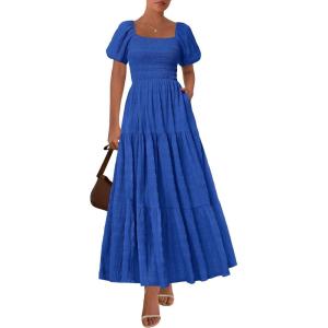 imagePRETTYGARDEN Womens Summer Puff Short Sleeve Maxi Dress Square Neck Smocked Tiered Ruffle A Line Long Flowy Beach DressesRoyal Blue