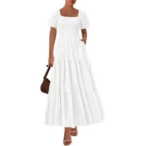 imagePRETTYGARDEN Womens Summer Puff Short Sleeve Maxi Dress Square Neck Smocked Tiered Ruffle A Line Long Flowy Beach DressesWhite