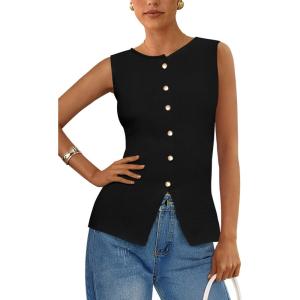 imagePRETTYGARDEN Womens Sweater Vest Button Down Summer Tank Tops 2025 Sleeveless Knit Vests Fashion Business Casual OutfitsBlack