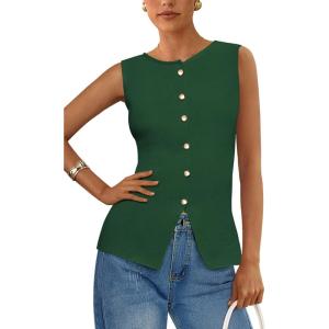 imagePRETTYGARDEN Womens Sweater Vest Button Down Summer Tank Tops 2025 Sleeveless Knit Vests Fashion Business Casual OutfitsGreen