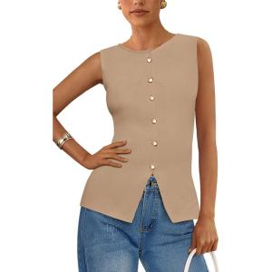 imagePRETTYGARDEN Womens Sweater Vest Button Down Summer Tank Tops 2025 Sleeveless Knit Vests Fashion Business Casual OutfitsKhaki