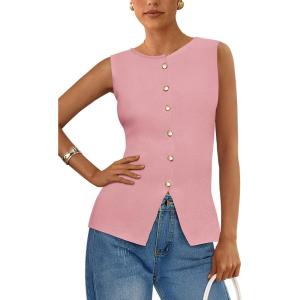 imagePRETTYGARDEN Womens Sweater Vest Button Down Summer Tank Tops 2025 Sleeveless Knit Vests Fashion Business Casual OutfitsPink