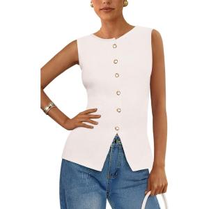 imagePRETTYGARDEN Womens Sweater Vest Button Down Summer Tank Tops 2025 Sleeveless Knit Vests Fashion Business Casual OutfitsWhite