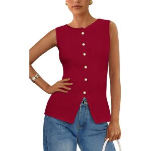 imagePRETTYGARDEN Womens Sweater Vest Button Down Summer Tank Tops 2025 Sleeveless Knit Vests Fashion Business Casual OutfitsWine Red