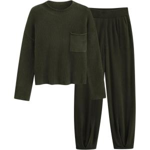 imagePRETTYGARDEN Womens Winter 2 Piece Sweater Set Casual Pullover Top High Waisted Sweatpants Tracksuit Lounge OutfitsArmy Green
