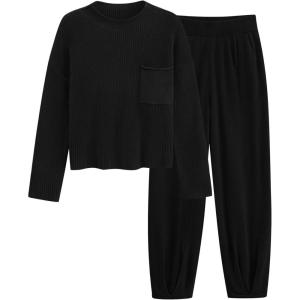 imagePRETTYGARDEN Womens Winter 2 Piece Sweater Set Casual Pullover Top High Waisted Sweatpants Tracksuit Lounge OutfitsBlack