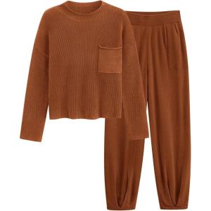 imagePRETTYGARDEN Womens Winter 2 Piece Sweater Set Casual Pullover Top High Waisted Sweatpants Tracksuit Lounge OutfitsBrown