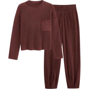 imagePRETTYGARDEN Womens Winter 2 Piece Sweater Set Casual Pullover Top High Waisted Sweatpants Tracksuit Lounge OutfitsDark Brown