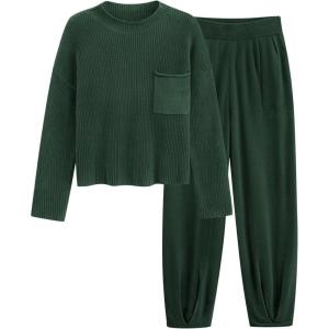 imagePRETTYGARDEN Womens Winter 2 Piece Sweater Set Casual Pullover Top High Waisted Sweatpants Tracksuit Lounge OutfitsDark Green
