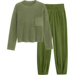 imagePRETTYGARDEN Womens Winter 2 Piece Sweater Set Casual Pullover Top High Waisted Sweatpants Tracksuit Lounge OutfitsGrass Green