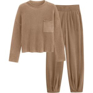 imagePRETTYGARDEN Womens Winter 2 Piece Sweater Set Casual Pullover Top High Waisted Sweatpants Tracksuit Lounge OutfitsKhaki