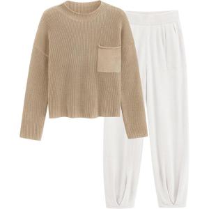 imagePRETTYGARDEN Womens Winter 2 Piece Sweater Set Casual Pullover Top High Waisted Sweatpants Tracksuit Lounge OutfitsKhaki Beige White