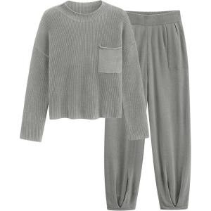 imagePRETTYGARDEN Womens Winter 2 Piece Sweater Set Casual Pullover Top High Waisted Sweatpants Tracksuit Lounge OutfitsLight Grey