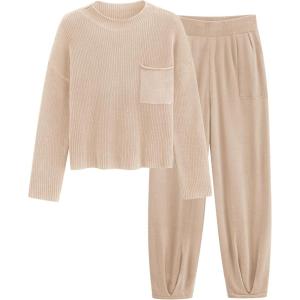 imagePRETTYGARDEN Womens Winter 2 Piece Sweater Set Casual Pullover Top High Waisted Sweatpants Tracksuit Lounge OutfitsLight Khaki
