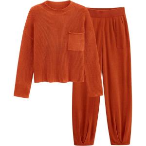 imagePRETTYGARDEN Womens Winter 2 Piece Sweater Set Casual Pullover Top High Waisted Sweatpants Tracksuit Lounge OutfitsOrange