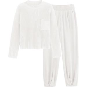 imagePRETTYGARDEN Womens Winter 2 Piece Sweater Set Casual Pullover Top High Waisted Sweatpants Tracksuit Lounge OutfitsWhite