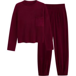 imagePRETTYGARDEN Womens Winter 2 Piece Sweater Set Casual Pullover Top High Waisted Sweatpants Tracksuit Lounge OutfitsWine Red