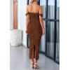 imagePRETTYGARDEN Womens 2025 Summer Off The Shoulder Dress Ruched Bodycon Sleeveless Split Cocktail Party Maxi DressesDark Brown