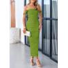 imagePRETTYGARDEN Womens 2025 Summer Off The Shoulder Dress Ruched Bodycon Sleeveless Split Cocktail Party Maxi DressesOlive Green