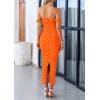 imagePRETTYGARDEN Womens 2025 Summer Off The Shoulder Dress Ruched Bodycon Sleeveless Split Cocktail Party Maxi DressesOrange