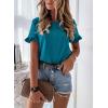 imagePRETTYGARDEN Womens Short Sleeve Casual T Shirts Summer Ruffle Plain Round Neck Loose Fit Tee Blouse TopsDark Blue