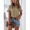 imagePRETTYGARDEN Womens Short Sleeve Casual T Shirts Summer Ruffle Plain Round Neck Loose Fit Tee Blouse TopsKhaki