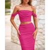 imagePRETTYGARDEN Women Sexy Two Piece Outfits Summer Off Shoulder Ruched Bodycon Mesh Cocktail Club Skirt Sets 2025Rose Red