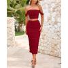 imagePRETTYGARDEN Women Sexy Two Piece Outfits Summer Off Shoulder Ruched Bodycon Mesh Cocktail Club Skirt Sets 2025Wine Red