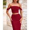 imagePRETTYGARDEN Women Sexy Two Piece Outfits Summer Off Shoulder Ruched Bodycon Mesh Cocktail Club Skirt Sets 2025Wine Red