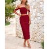 imagePRETTYGARDEN Women Sexy Two Piece Outfits Summer Off Shoulder Ruched Bodycon Mesh Cocktail Club Skirt Sets 2025Wine Red