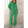 imagePRETTYGARDEN Womens 2 Piece Textured Sets Casual Button Down Shirt Wide Leg Pants Outfit Loungewear TracksuitGreen