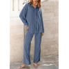 imagePRETTYGARDEN Womens 2 Piece Textured Sets Casual Button Down Shirt Wide Leg Pants Outfit Loungewear TracksuitGrey Blue