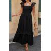 imagePRETTYGARDEN Womens Smocked Summer Maxi Dresses 2025 Ruffle Cap Sleeve Square Neck Lace Detail Flowy Sundress with PocketsBlack