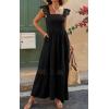 imagePRETTYGARDEN Womens Smocked Summer Maxi Dresses 2025 Ruffle Cap Sleeve Square Neck Lace Detail Flowy Sundress with PocketsBlack