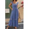 imagePRETTYGARDEN Womens Smocked Summer Maxi Dresses 2025 Ruffle Cap Sleeve Square Neck Lace Detail Flowy Sundress with PocketsGrey Blue
