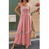 imagePRETTYGARDEN Womens Smocked Summer Maxi Dresses 2025 Ruffle Cap Sleeve Square Neck Lace Detail Flowy Sundress with PocketsPink