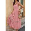 imagePRETTYGARDEN Womens Smocked Summer Maxi Dresses 2025 Ruffle Cap Sleeve Square Neck Lace Detail Flowy Sundress with PocketsPink