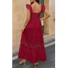 imagePRETTYGARDEN Womens Smocked Summer Maxi Dresses 2025 Ruffle Cap Sleeve Square Neck Lace Detail Flowy Sundress with PocketsRed