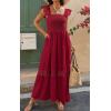 imagePRETTYGARDEN Womens Smocked Summer Maxi Dresses 2025 Ruffle Cap Sleeve Square Neck Lace Detail Flowy Sundress with PocketsRed