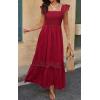 imagePRETTYGARDEN Womens Smocked Summer Maxi Dresses 2025 Ruffle Cap Sleeve Square Neck Lace Detail Flowy Sundress with PocketsRed