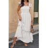 imagePRETTYGARDEN Womens Smocked Summer Maxi Dresses 2025 Ruffle Cap Sleeve Square Neck Lace Detail Flowy Sundress with PocketsWhite