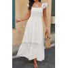 imagePRETTYGARDEN Womens Smocked Summer Maxi Dresses 2025 Ruffle Cap Sleeve Square Neck Lace Detail Flowy Sundress with PocketsWhite