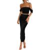 imagePRETTYGARDEN Women Sexy Two Piece Outfits Summer Off Shoulder Ruched Bodycon Mesh Cocktail Club Skirt Sets 2025Black