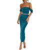 imagePRETTYGARDEN Women Sexy Two Piece Outfits Summer Off Shoulder Ruched Bodycon Mesh Cocktail Club Skirt Sets 2025Lake Blue
