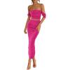 imagePRETTYGARDEN Women Sexy Two Piece Outfits Summer Off Shoulder Ruched Bodycon Mesh Cocktail Club Skirt Sets 2025Rose Red