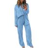 imagePRETTYGARDEN Womens 2 Piece Textured Sets Casual Button Down Shirt Wide Leg Pants Outfit Loungewear TracksuitLight Blue