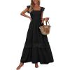 imagePRETTYGARDEN Womens Smocked Summer Maxi Dresses 2025 Ruffle Cap Sleeve Square Neck Lace Detail Flowy Sundress with PocketsBlack
