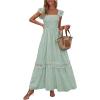imagePRETTYGARDEN Womens Smocked Summer Maxi Dresses 2025 Ruffle Cap Sleeve Square Neck Lace Detail Flowy Sundress with PocketsGreen