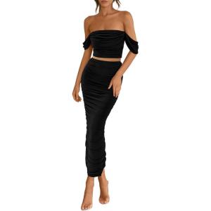 imagePRETTYGARDEN Women Sexy Two Piece Outfits Summer Off Shoulder Ruched Bodycon Mesh Cocktail Club Skirt Sets 2025Black