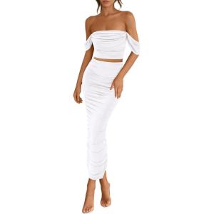 imagePRETTYGARDEN Women Sexy Two Piece Outfits Summer Off Shoulder Ruched Bodycon Mesh Cocktail Club Skirt Sets 2025White